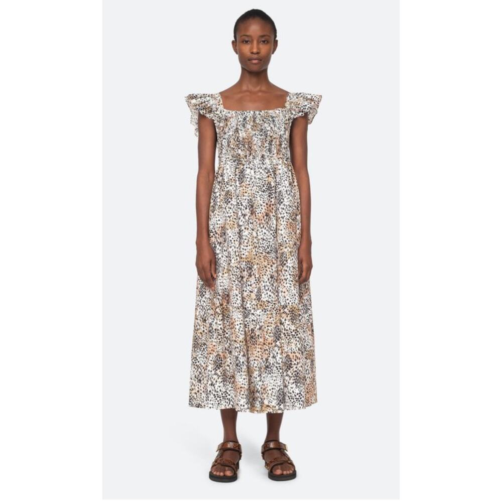 SEA New York Lana Smocked Ruffled Short Sleeve A Line Midi Dress Small